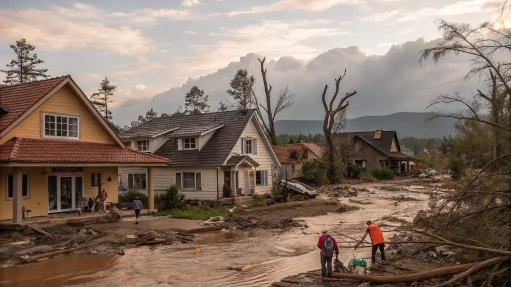 Flood-stricken street with muddy water and damaged houses; volunteers in orange vests help nearby residents.