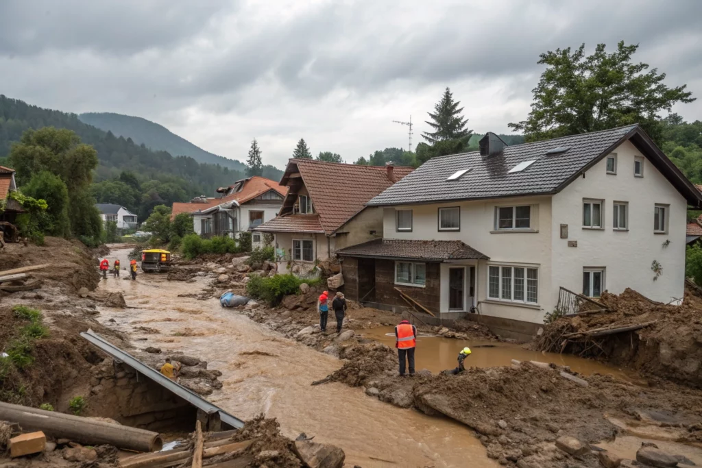 Flood-damaged village street with brown muddy water, workers in orange vests near partially collapsed bridge and waterlogged houses behind them on a cloudy day
