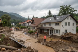 efbd57e7-cdeb-46f4-acaf-668ad3f2eaf6 - Fabre de Nombel Assurances - Fabre de Nombel Assurances Flood-damaged village street with brown muddy water, workers in orange vests near partially collapsed bridge and waterlogged houses behind them on a cloudy day