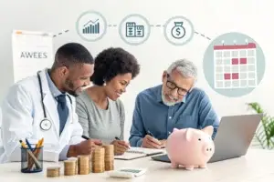 Three people (a doctor, a woman, and an older man) review finances at a table with a piggy bank, coins, and a laptop on it.