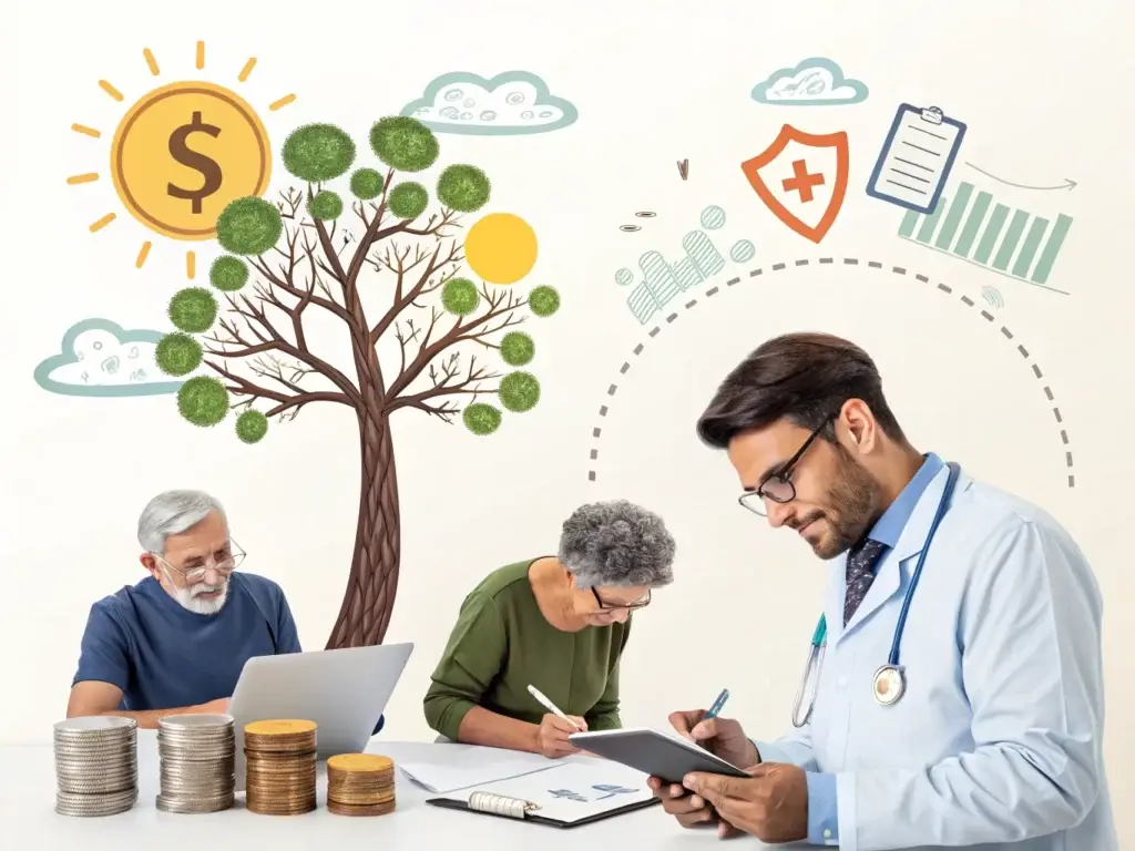 Doctor with two elderly patients reviewing papers at a desk, coins stacked in front and a tree illustration behind them, symbolizing growth and financial planning in healthcare.