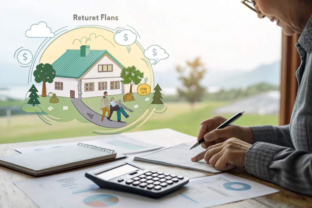 Illustration of a house surrounded by a circular graphic with trees and dollar signs, representing a home retirement/return plan