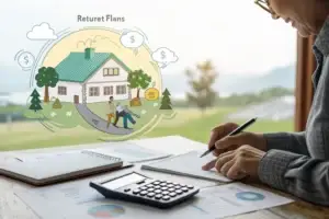 Illustration of a house surrounded by a circular graphic with trees and dollar signs, representing a home retirement/return plan