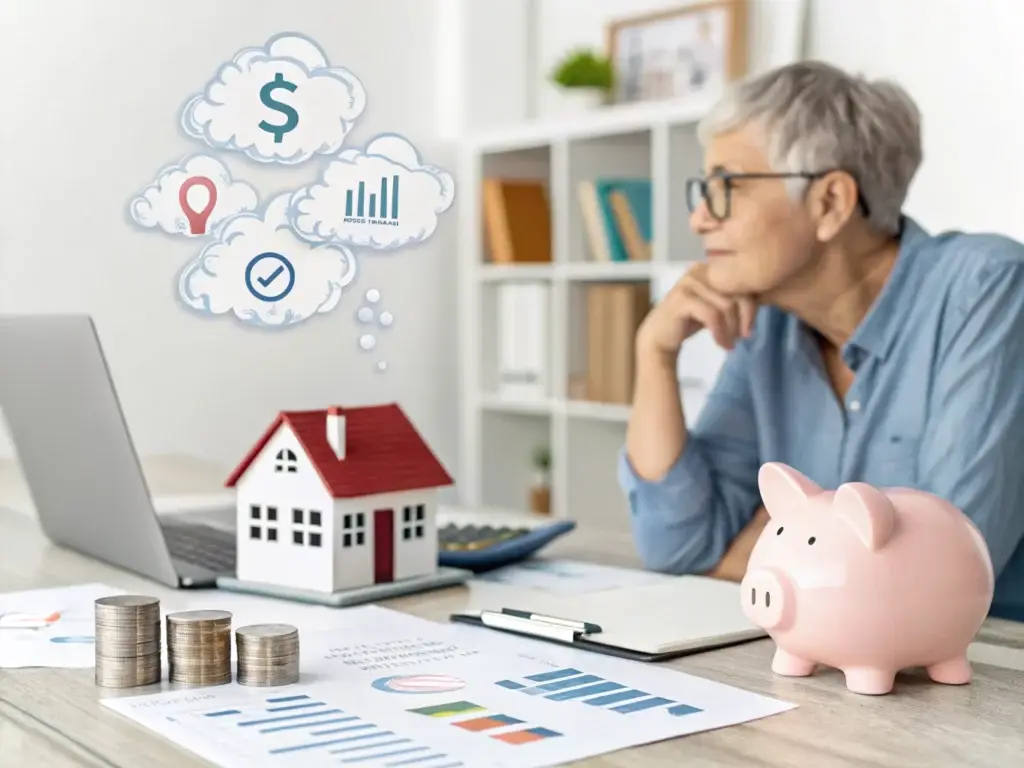 Older man at a desk planning finances with a model house, piggy bank, coins, laptop, and charts, imagining mortgage and savings goals.